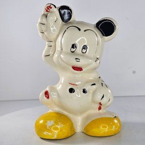 Vintage Disney Leeds Pottery Mickey Mouse Piggy Bank Holding Coin 1940s